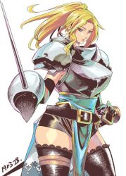 Rule 34 | 1girl, armor, belt, black gloves, black thighhighs, blonde hair, blue eyes, breastplate, breasts, charlotte christine de colde, cowboy shot, dated, gloves, hand on sheath, holding, holding sword, holding weapon, long hair, looking at viewer, pauldrons, rapier, samurai spirits, sata furi, sheath, shoulder armor, simple background, snk, solo, standing, sword, thighhighs, weapon, white background