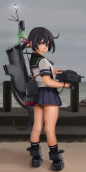 Rule 34 | 1girl, absurdres, akebono (kancolle), anchor symbol, animal print, artist name, ass, bad id, bad pixiv id, bell, black hair, black socks, blouse, blue skirt, boots, closed mouth, commentary request, flower, from side, full body, hair bell, hair between eyes, hair flower, hair ornament, highres, jingle bell, kantai collection, long hair, looking at viewer, machinery, miniskirt, novcel, ocean, outdoors, pleated skirt, purple eyes, rabbit print, realistic, school uniform, serafuku, serious, shirt, short sleeves, side ponytail, skirt, socks, solo, standing, turret, very long hair, white shirt