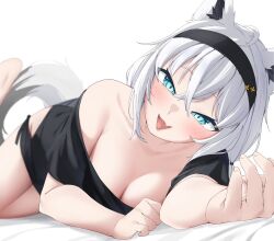 Rule 34 | 1girl, ahoge, animal ear fluff, animal ears, aqua eyes, armpit crease, bed, bed sheet, black ears, black headband, black shirt, black tail, blush, breast press, breasts, breasts squeezed together, cleavage, collarbone, fang, flower ornament, fox ears, fox girl, fox tail, headband, highres, hip vent, hololive, large breasts, leaning to the side, leg up, long hair, long shirt, looking at viewer, naughty face, no bra, no panties, no pants, official alternate costume, on bed, open mouth, pinkucatjs, shirakami fubuki, shirakami fubuki (loungewear), shirt, shirt slip, short sleeves, sidelocks, single bare shoulder, skin fang, smile, solo, tail, thighs, tongue, two-tone tail, virtual youtuber, white background, white hair, white tail