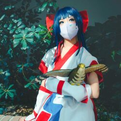 Rule 34 | 1girl, ainu clothes, arm support, asian, blue eyes, blue hair, breasts, cosplay, fingerless gloves, gloves, hair ribbon, japanese (nationality), long hair, mamahaha, nakoruru, ribbon, samurai spirits, small breasts, snk, solo, the king of fighters