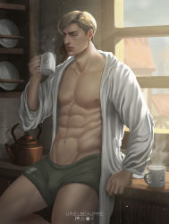 Rule 34 | 1boy, abs, artist name, bara, bare pectorals, blonde hair, blue eyes, boxers, cup, erwin smith, green male underwear, highres, holding, holding cup, indoors, large pectorals, male focus, male underwear, muscular, muscular male, navel, nipples, open clothes, parted lips, pectorals, shingeki no kyojin, short hair, sideburns, solo, sunlight, underwear, urielbeaupre15, window