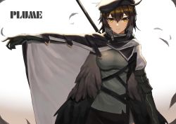 Rule 34 | 1girl, absurdres, ahoge, arknights, beret, bird girl, black gloves, black hair, black hat, breasts, brown hair, capelet, character name, cloak, closed mouth, cowboy shot, feathers, floating, floating object, gloves, hair between eyes, hat, highres, holding, long sleeves, looking at viewer, molyb, multicolored hair, orange eyes, plume (arknights), polearm, short hair, solo, spear, two-tone hair, weapon