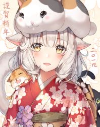 Rule 34 | 1girl, :d, animal, animal ears, animal on head, ayuanlv, black cat, blush, brown eyes, cat, cat ears, cat tail, commentary request, fang, final fantasy, final fantasy xiv, floral background, floral print, flower, head tilt, highres, japanese clothes, kimono, looking at viewer, maneki-neko, miqo&#039;te, mole, mole under eye, obi, on head, open mouth, print kimono, purple flower, red kimono, sash, short hair, sidelocks, silver hair, smile, solo, tail, translation request, upper body