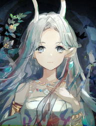Rule 34 | 1girl, a deer of nine colors, animal ears, antlers, arknights, blue hair, bracelet, breasts, deer antlers, deer ears, deer girl, expressionless, flower, grey hair, hand on own chest, highres, horns, jewelry, long hair, looking at viewer, multicolored hair, necklace, nine-colored deer, plant, qianzhu, red hair, shirt, sketch, small breasts, solo, straight-on, streaked hair, white shirt