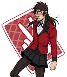 Rule 34 | 1boy, black hair, black pantyhose, black ribbon, black skirt, blazer, blush, buttons, card, clenched hand, collared shirt, commentary, cross tie, crossdressing, english commentary, facial scar, feet out of frame, hyakkaou academy school uniform, itou kaiji, jacket, kaiji, kakegurui, lollydoom, long hair, long sleeves, looking at viewer, male focus, neck ribbon, nose blush, pantyhose, parted lips, playing card, pleated skirt, pointy nose, red jacket, ribbon, scar, scar on cheek, scar on face, school uniform, shirt, short bangs, skirt, solo, standing, white background, white shirt