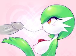 Rule 34 | 1girl, after fellatio, blush, breasts, creatures (company), cum, cum in mouth, cum string, disembodied penis, erection, exed eyes, eyes visible through hair, from side, game freak, gardevoir, gen 3 pokemon, green hair, half-closed eyes, hand up, heart, large breasts, lips, looking up, nintendo, nipples, open mouth, penis, pink background, pokemon, pokemon (creature), pokemon rse, profile, red eyes, short hair, simple background, solo, upper body