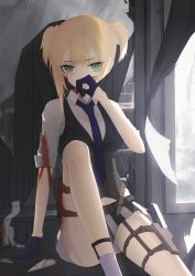 Rule 34 | 1girl, arm up, belt, black vest, blonde hair, blood, blood on clothes, blood on face, blood on ground, blue gloves, blue necktie, breasts, brown corset, corset, covered mouth, feet out of frame, girls&#039; frontline, gloves, green eyes, hand on floor, hand on own face, highres, holster, legs, looking at viewer, medium breasts, miniskirt, necktie, on floor, shirt, short hair, short twintails, skirt, sleeves rolled up, socks, solo, thigh holster, thomas 8000, twintails, vest, welrod mkii (girls&#039; frontline), white shirt, white socks, window