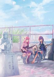 2girls bachi bad_id bad_twitter_id bass_guitar blue_eyes blue_sky blunt_bangs bocchi_the_rock! braid chain-link_fence closed_eyes closed_mouth cloud commentary_request cube_hair_ornament day dress electric_guitar fence full_body geta gotoh_hitori grass green_dress guitar guitar_case hair_between_eyes hair_ornament hair_over_shoulder hand_tattoo highres hiroi_kikuri inactive_account instrument instrument_case jacket kneehighs loafers long_hair long_sleeves looking_at_another lowlifescore multiple_girls music one_side_up open_mouth outdoors petals pink_hair pink_jacket playing_instrument pleated_skirt plectrum purple_hair sharp_teeth shoes single_braid sitting sitting_on_stairs skirt sky smile socks stairs statue tattoo teeth track_jacket translation_request