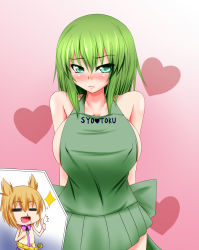 Rule 34 | 2girls, :d, = =, adapted costume, apron, arms behind back, bare shoulders, blood, blush, breasts, brown hair, chibi, cleavage, clothes writing, collarbone, cowboy shot, frown, green apron, green eyes, green hair, heart, heart background, highres, large breasts, looking at viewer, multiple girls, naked apron, no headwear, no headwear, nose blush, nosebleed, open mouth, parmiria, pointy hair, shirt, short hair, sideboob, sleeveless, sleeveless shirt, smile, soga no tojiko, solo focus, thumbs up, touhou, toyosatomimi no miko