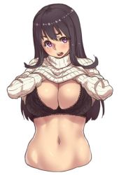 Rule 34 | 1girl, black bra, black hair, blush, bra, breasts, cleavage, clothes lift, houtengeki, large breasts, lifting own clothes, long hair, looking at viewer, navel, open mouth, original, purple eyes, ribbed sweater, simple background, solo, sweater, sweater lift, underwear, white background