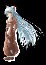 Rule 34 | 1girl, black background, bow, breasts, dark, female focus, from behind, fujiwara no mokou, full body, hair bow, hair over one eye, hands in pockets, kirisaki byakko, large bow, loafers, long hair, looking at viewer, looking back, orange eyes, pants, shirt, shoes, silver hair, simple background, small breasts, solo, standing, suspenders, touhou, very long hair