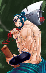 Rule 34 | 1boy, abs, axe, bald spot, bara, battle axe, beard, check copyright, clothes around waist, copyright request, facial hair, frown, ganson, headband, holding, japanese clothes, kimono, looking at viewer, looking to the side, male focus, mature male, muscular, muscular male, mustache, nipples, open clothes, open kimono, original, over shoulder, pectorals, short hair, smoking, smoking pipe, solo, stomach, strongman waist, thick eyebrows, topknot, topless male, weapon, weapon over shoulder
