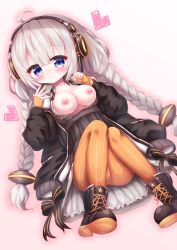 Rule 34 | 1girl, absurdres, ahoge, bad id, bad pixiv id, black dress, black footwear, black jacket, blue eyes, blush, boots, braid, breasts, breasts out, closed mouth, collarbone, commentary request, cross-laced footwear, dress, fingerless gloves, gloves, hair between eyes, hair ornament, hands up, headphones, heart, highres, jacket, kizuna akari, lace-up boots, long hair, long sleeves, looking at viewer, low twintails, medium breasts, nipples, open clothes, open jacket, orange gloves, orange pantyhose, pantyhose, puffy long sleeves, puffy sleeves, silver hair, smile, solo, striped clothes, striped gloves, striped pantyhose, twin braids, twintails, vertical-striped clothes, vertical-striped gloves, vertical-striped pantyhose, very long hair, vocaloid, voiceroid, waste (arkaura)