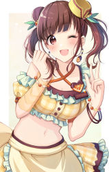 Rule 34 | 1girl, ;d, apron, blush, breasts, brown hair, cleavage, collarbone, criss-cross halter, crop top, double bun, earrings, frills, hair bun, hair ornament, halterneck, hands up, highres, idolmaster, idolmaster shiny colors, jewelry, long hair, looking at viewer, medium breasts, midriff, navel, one eye closed, open mouth, plaid, plaid skirt, red eyes, satoimo chika, sidelocks, skirt, smile, solo, sonoda chiyoko, stomach, twintails, upper body, w, waist apron, yellow skirt