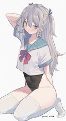 Rule 34 | 1girl, arm behind back, arm behind head, arm up, black one-piece swimsuit, blue eyes, bow, bowtie, covered navel, crop top, crop top overhang, grey hair, hair ribbon, highleg, highleg swimsuit, highres, long hair, looking at viewer, mimelond, no pants, no shoes, one-piece swimsuit, original, ribbon, sailor collar, sailor shirt, school uniform, serafuku, shirt, short sleeves, sidelocks, simple background, solo, sweatdrop, swimsuit, swimsuit under clothes, thighhighs, thighs, two side up, white background, white shirt, white thighhighs