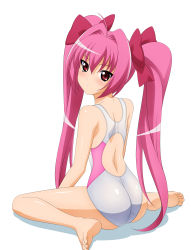 Rule 34 | 1girl, absurdres, ahoge, ass, back, bare shoulders, barefoot, blush, bow, competition swimsuit, di gi charat, expressionless, feet, flat chest, from side, full body, hair between eyes, hair bow, hair intakes, highres, legs, long hair, looking at viewer, looking back, low twintails, one-piece swimsuit, pink hair, red eyes, shadow, simple background, sitting, soles, solo, spread legs, sugimura tomokazu, swimsuit, twintails, usada hikaru, vector trace, very long hair, wariza, white background