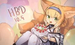 Rule 34 | 1girl, absurdres, animal ears, arknights, bare shoulders, birthday cake, blonde hair, braided hair rings, cake, clothing cutout, commentary, dated, english commentary, food, fox ears, fox girl, fox tail, green eyes, happy birthday, highres, holding, holding plate, kanbaki, kitsune, kyuubi, looking at viewer, material growth, multiple tails, open mouth, oripathy lesion (arknights), pantyhose, plate, shoulder cutout, solo, suzuran (arknights), tail, torn clothes, torn pantyhose, white pantyhose, wrist cuffs