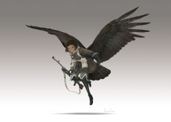 Rule 34 | 1girl, asterisk kome, bird tail, bird wings, black hair, black wings, bren lmg, brown eyes, commentary request, dark-skinned female, dark skin, flying, gloves, grey background, gun, highres, holding, holding gun, holding weapon, light machine gun, low wings, marut (winged fusiliers), military, short hair, signature, simple background, tagme, tail, weapon, weapon request, winged fusiliers, wings