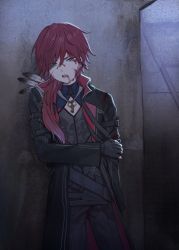 Rule 34 | 1boy, black coat, blood, blood on face, coat, feathers, fingerless gloves, gloves, grabbing own arm, green eyes, highres, injury, key, key necklace, lauren iroas, lolowv, long coat, male focus, necklace, nijisanji, open mouth, ponytail, red hair, scratches, solo, standing, virtual youtuber