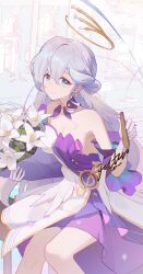 Rule 34 | 1girl, aqua eyes, bare shoulders, breasts, cleavage, commentary, dress, facial mark, feet out of frame, flower, gleam lin shi, gloves, grey hair, highres, honkai: star rail, honkai (series), long hair, looking at viewer, medium breasts, robin (honkai: star rail), sitting, smile, solo, strapless, strapless dress, very long hair, white flower, white gloves