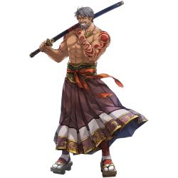 Rule 34 | 1boy, abs, adray lasbard, bandages, beard, dark-skinned male, dark skin, facial hair, full body, grey hair, japanese clothes, jewelry, katana, male focus, navel, necklace, official art, red eyes, sandals, socks, solo, star ocean, star ocean anamnesis, star ocean till the end of time, sword, teeth, topless male, transparent background, weapon