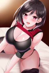 Rule 34 | 1girl, :d, artist name, bare shoulders, black bra, black hair, black panties, black shorts, black thighhighs, blush, bra, breasts, cleavage, clothes lift, collarbone, elbow pads, hair between eyes, huyumitsu, indoors, large breasts, looking at viewer, mature female, mole, mole under eye, open mouth, original, paid reward available, panties, photoshop (medium), pink eyes, red shirt, shirt, shirt lift, short hair, shorts, shorts around one leg, smile, solo, sportswear, thighhighs, thighs, underwear