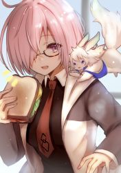 Rule 34 | 1girl, :d, bad id, bad pixiv id, black-framed eyewear, black shirt, fate/grand order, fate (series), food, fou (fate), glasses, hair over one eye, highres, holding, holding food, jacket, long sleeves, looking at viewer, mash kyrielight, necktie, open clothes, open jacket, open mouth, pink hair, purple eyes, red necktie, sandwich, shirt, short hair, skoll world, smile, solo, upper body, wing collar