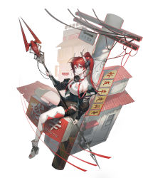 Rule 34 | 1girl, absurdres, bare shoulders, breasts, closed mouth, cyberpunk, hair between eyes, hair ornament, highres, holding, holding weapon, jacket, lance, long hair, long sleeves, looking at viewer, mask, original, pantyhose, polearm, ponytail, red eyes, red hair, shoes, shorts, single leg pantyhose, sitting, smile, solo, soyoong jun, weapon