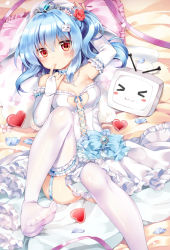 Rule 34 | &gt; &lt;, 1girl, :3, bare shoulders, bili girl 33, bilibili, blue hair, blush, blush stickers, bridal gauntlets, bridal veil, dress, closed eyes, feet, finger to mouth, flower, garter straps, hair flower, hair ornament, heart, heart-shaped pupils, highres, jewelry, long hair, looking at viewer, lying, mvv, necklace, no shoes, on back, pearl necklace, petals, pillow, ponytail, red eyes, rose, solo, strapless, strapless dress, symbol-shaped pupils, thighhighs, tiara, touhou, veil, wedding dress, white dress, white thighhighs