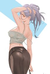 Rule 34 | 1girl, armpits, bare shoulders, black pants, breasts, cropped legs, grey hair, hand in own hair, highres, kate wong, large breasts, long hair, looking at viewer, midriff, mole, mole under eye, off shoulder, orange hair, original, pants, parted lips, simple background, sweat, tank top, tight clothes, tight pants, white tank top