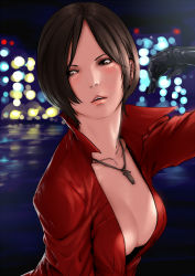 Rule 34 | 1girl, ada wong, bob cut, breasts, brown eyes, brown hair, city, cleavage, delta zone, gloves, jacket, jewelry, lips, necklace, night, red jacket, resident evil, resident evil 6, short hair, solo