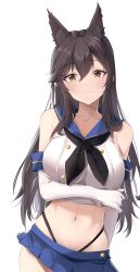 Rule 34 | 1girl, absurdres, animal ears, arm under breasts, atago (azur lane), azur lane, bare shoulders, black hair, black neckerchief, blue sailor collar, blue skirt, breasts, brown eyes, collarbone, commission, cosplay, cowboy shot, elbow gloves, extra ears, gloves, hair ribbon, highres, kantai collection, large breasts, long hair, looking at viewer, microskirt, midriff, navel, neckerchief, ribbon, sailor collar, shimakaze (kancolle), shimakaze (kancolle) (cosplay), shirt, sidelocks, simple background, skirt, smile, solo, steeb, white background, white gloves, white ribbon, white shirt