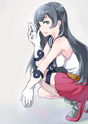 Rule 34 | 10s, 1girl, absurdres, agano (kancolle), bare shoulders, black hair, boots, breasts, gloves, green eyes, grey background, highres, kagami touya, kantai collection, long hair, looking at viewer, mirror katanayoru, neckerchief, open mouth, pleated skirt, profile, red skirt, sailor collar, sideboob, simple background, skirt, squatting, white gloves
