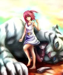 Rule 34 | 1girl, animal, bare legs, barefoot, beast, broken tooth, dress, fang, gradient background, highres, jewelry, magi the labyrinth of magic, morgiana, necklace, red eyes, red hair, white dress