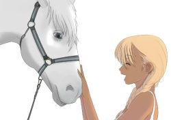 Rule 34 | 1girl, animal, bare arms, blonde hair, braid, camisole, closed eyes, dark-skinned female, dark skin, facing another, from side, happy, horse, kiriman (souldeep), long hair, open mouth, profile, simple background, solo, twin braids, twintails, upper body, white background