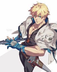 Rule 34 | 1boy, antenna hair, bare pectorals, belt, blonde hair, blue eyes, blue gloves, character name, closed mouth, collarbone, dated, fingerless gloves, fingernails, gloves, guilty gear, guilty gear strive, hair between eyes, highres, holding, holding sword, holding weapon, ky kiske, male focus, muscular, muscular male, partially fingerless gloves, pectorals, scabbard, sheath, smile, solo, sword, talgi, unsheathed, weapon, x