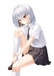 Rule 34 | 1girl, black footwear, black necktie, black skirt, blush, closed mouth, collared shirt, foot out of frame, hair between eyes, hair ornament, hairclip, highres, hugging own legs, invisible chair, kneehighs, loafers, looking at viewer, mame (hyeon5117), necktie, original, pleated skirt, shirt, shoes, short hair, short sleeves, silver hair, simple background, sitting, skirt, smile, socks, solo, white background, white shirt, white socks
