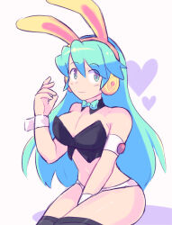 Rule 34 | 1girl, android, animal ears, aqua hair, black thighhighs, blue eyes, breasts, charu (saru getchu), cleavage, closed mouth, fake animal ears, headphones, large breasts, long hair, looking at viewer, navel, rabbit ears, robot ears, saru getchu, saru jia, simple background, smile, solo, thighhighs, white background