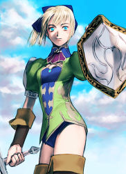 Rule 34 | 1girl, breasts, closed mouth, cloud, namco, sakamoto mineji, shield, short hair, solo, soul calibur, sword, thighhighs, weapon