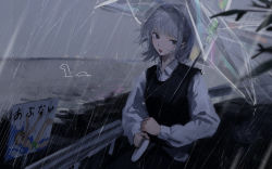 Rule 34 | 1girl, 7ife, absurdres, black sweater vest, blunt bangs, collared shirt, commentary, english commentary, grey eyes, grey hair, grey sky, highres, holding, holding umbrella, horizon, long sleeves, looking at viewer, ocean, open mouth, original, outdoors, railing, rain, shirt, shore, short hair, sign, sky, solo, sweater vest, transparent, transparent umbrella, umbrella, upper body, white shirt