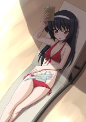 Rule 34 | beach chair, bikini, birthday card, black hair, blush, book, commentary request, english text, flower, girls und panzer, hairband, hand on own stomach, hand over face, highres, holding, holding book, long hair, looking at viewer, open mouth, reclining, red bikini, reizei mako, rose, sand, shadow, swimsuit, t k, white hairband, yellow eyes