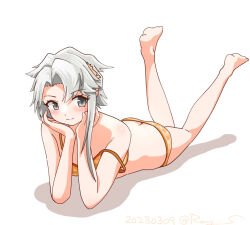 Rule 34 | 1girl, akishimo (kancolle), ass, asymmetrical hair, blush, bra, breasts, brown hair, butt crack, gradient hair, grey eyes, hair ornament, hands on own face, kantai collection, leaf hair ornament, lying, multicolored hair, on stomach, one-hour drawing challenge, orange bra, orange panties, panties, ray.s, short hair, short hair with long locks, simple background, small breasts, smile, solo, strap slip, underwear, underwear only, white background