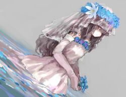 Rule 34 | 1girl, blue flower, breasts, bridal veil, bride, brown eyes, brown hair, commentary, cowboy shot, dress, dutch angle, elbow gloves, flower, from side, gloves, grey background, head wreath, highres, holding, holding flower, long hair, looking to the side, medium breasts, original, pink gloves, profile, sideways mouth, solo, strapless, strapless dress, symbol-only commentary, tayama222, veil, wading, water, wedding dress, white dress