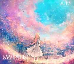 Rule 34 | 1girl, ahoge, album cover, axleaki, back bow, blonde hair, blue sky, bow, braid, chinese commentary, cloud, commentary request, cover, dress, english text, forest, from behind, highres, light particles, long hair, nature, original, outdoors, puffy short sleeves, puffy sleeves, scenery, short sleeves, sky, solo, sparkle, standing, very long hair, white dress, wide shot