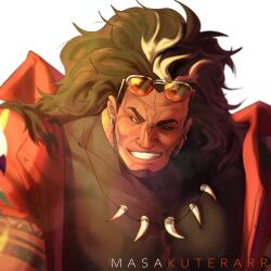 Rule 34 | 1boy, bara, beard, dark-skinned male, dark skin, earrings, eyewear on head, facial hair, grin, highres, jewelry, large pectorals, looking at viewer, male focus, masakuterarr, mature male, mauga (overwatch), multicolored hair, muscular, muscular male, necklace, open clothes, open shirt, overwatch, overwatch 2, pectorals, shirt, smile, solo, streaked hair, sunglasses, sunlight, taut clothes, taut shirt, thick eyebrows, tooth necklace, upper body