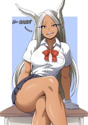 Rule 34 | 1girl, absurdres, animal ears, black skirt, blue background, boku no hero academia, border, bow, bowtie, breasts, collarbone, commentary, crossed legs, dark-skinned female, dark skin, desk, english commentary, english text, feet out of frame, gloves, hand rest, highres, large breasts, legs, long eyelashes, long hair, looking at viewer, loose bowtie, mirko, on desk, open mouth, parted bangs, pleated skirt, rabbit ears, rabbit girl, raised eyebrow, red eyes, school uniform, shirt, shirt tucked in, sitting, on desk, skirt, solo, teeth, theoiledone, thighs, uneven eyes, white border, white gloves, white hair, white shirt