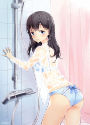 Rule 34 | 1girl, ass, black hair, blue bow, blue bra, blue eyes, blue panties, blush, bow, bow panties, bra, bra visible through clothes, collared shirt, dress shirt, from behind, half-closed eyes, hazuki natsu, long hair, looking at viewer, looking back, original, panties, parted lips, see-through, shirt, shower (place), shower curtain, solo, tareme, thighs, twitter username, underwear, wedgie, wet, wet clothes, wet shirt