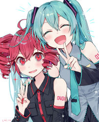 2girls :d ahoge aqua_hair aqua_nails aqua_trim armpit_crease bare_shoulders black_jacket black_sleeves blue_necktie blush breast_pocket buttons ctd_114 detached_sleeves double-parted_bangs drill_hair embarrassed grey_shirt hair_between_eyes hair_ornament hand_on_another&#039;s_shoulder hatsune_miku highres jacket kasane_teto long_hair looking_at_viewer microphone multiple_girls necktie number_tattoo open_mouth pocket red_eyes red_hair red_nails red_trim shirt short_hair shoulder_tattoo signature simple_background skirt sleeveless sleeveless_shirt smile sweatdrop tattoo tie_clip twin_drills twintails v very_long_hair vocaloid