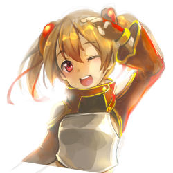 Rule 34 | 10s, 1girl, ;d, arm up, armor, blonde hair, blush, breastplate, hair bobbles, hair ornament, hair ribbon, highres, looking at viewer, one eye closed, open mouth, red eyes, ribbon, round teeth, short hair, short twintails, silica, simple background, sketch, smile, solo, sword art online, teeth, twintails, two side up, white background, yamori (stom)