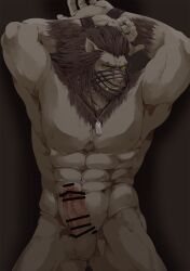 Rule 34 | 1boy, abs, armpits, arms behind head, warrior of light (ff14), bar censor, bara, beard, bound, bound wrists, brown fur, cat boy, censored, chest hair, completely nude, cowboy hat, dog tags, erection, facial hair, fangs, final fantasy, final fantasy xiv, furry, furry male, groin, hat, highres, hrothgar, igarashi (ff igarashi), large pectorals, looking at viewer, male focus, mask, mature male, medium hair, muscular, muscular male, navel, nipples, nude, pectorals, penis, solo, stomach, sweatdrop